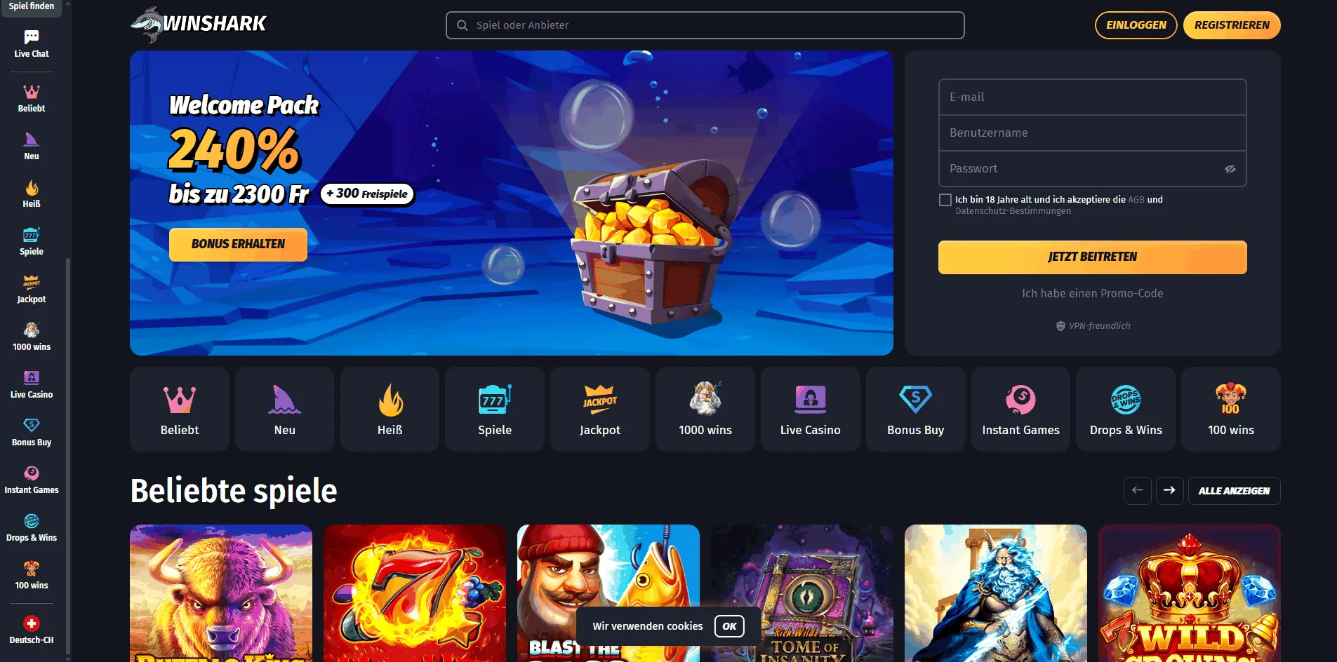 Winshark Spiele und Bonus
